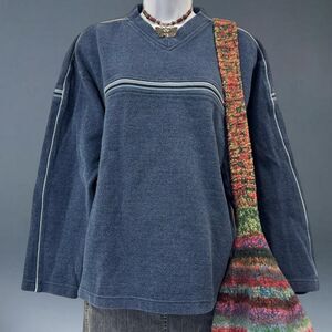 Pineapple Connection Blue Ribbed V Neck Stripe Pullover Sweater Large Grunge